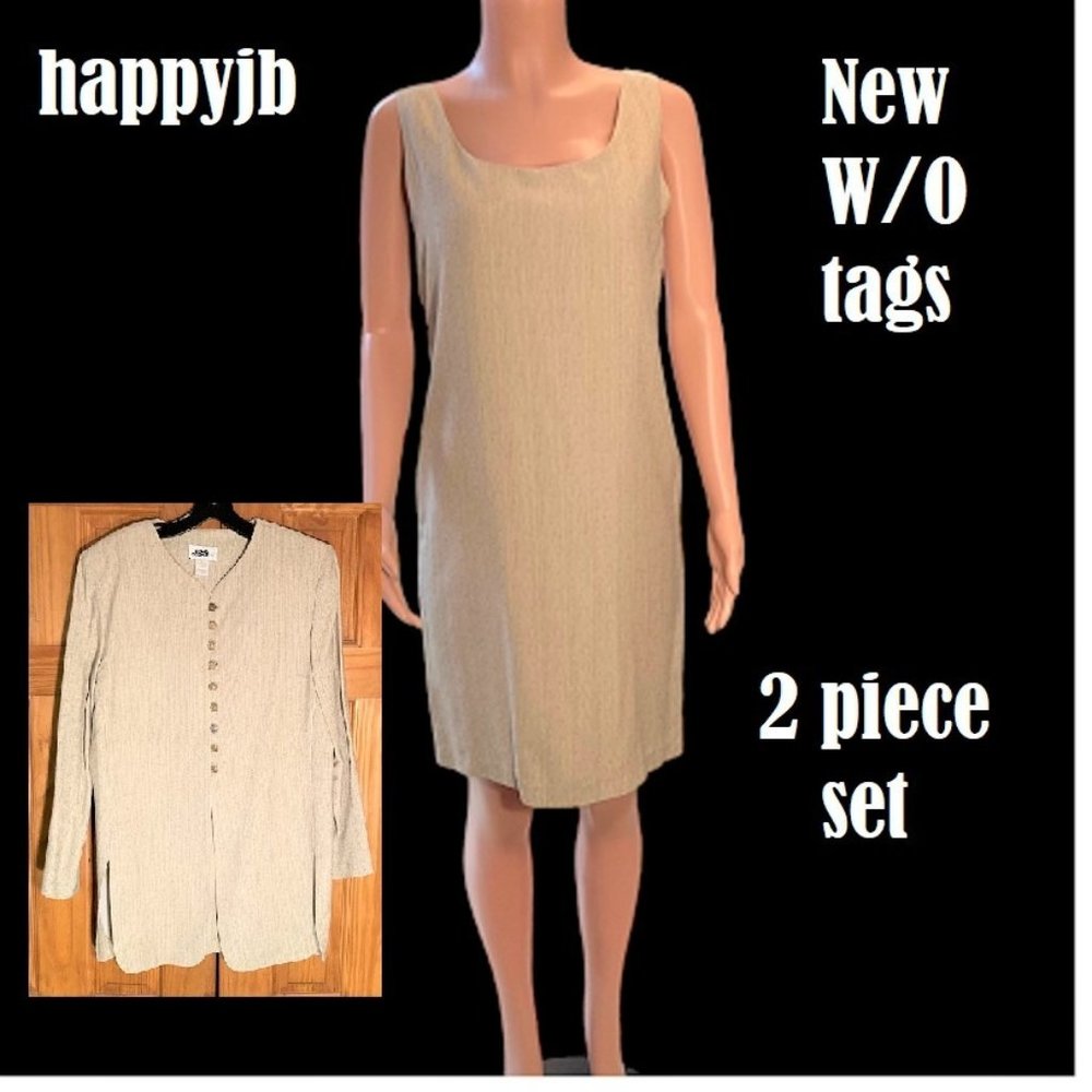 NWOT J.B.S Vintage 80s Dress Midi Long Sleeve Jacket Set Tan Size 10